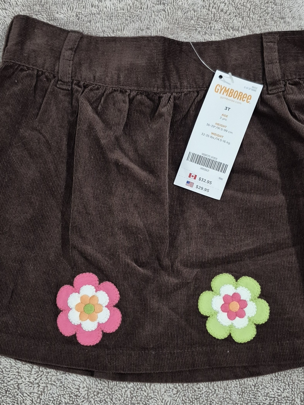 Gymboree Brown Corduroy Skirt with Pink & Green Flower Patches